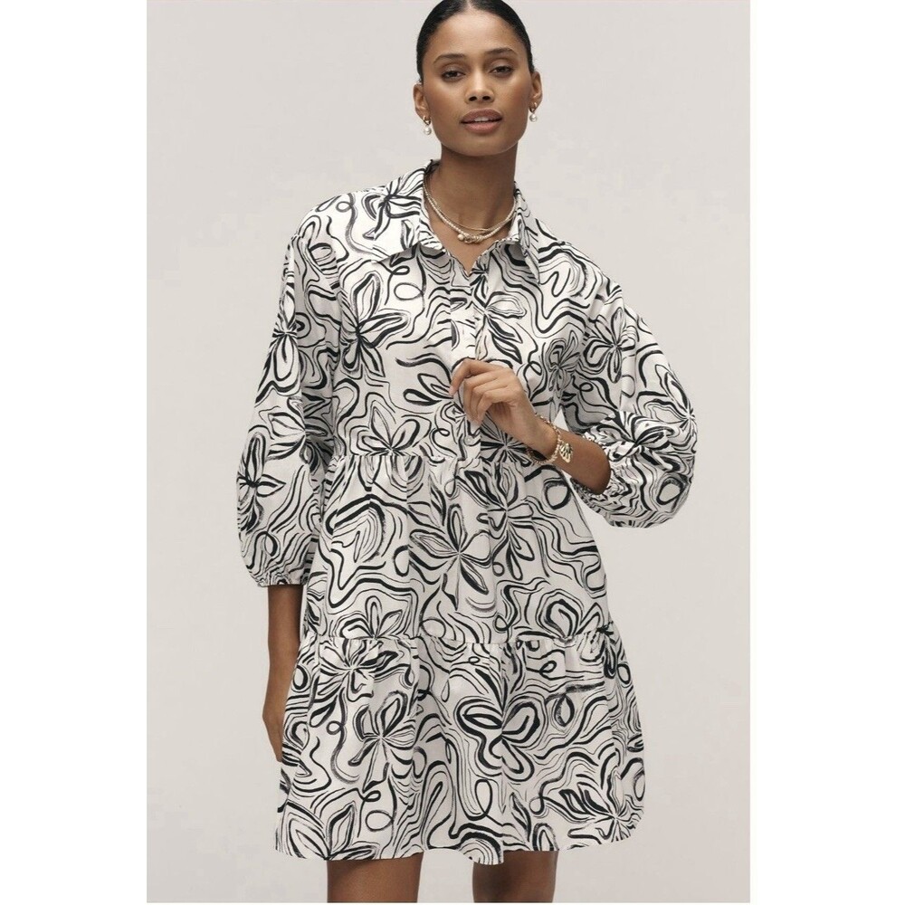 Anthropologie Bettina Tiered Mini Shirt Dress By Maeve Sz XXS Black & White
